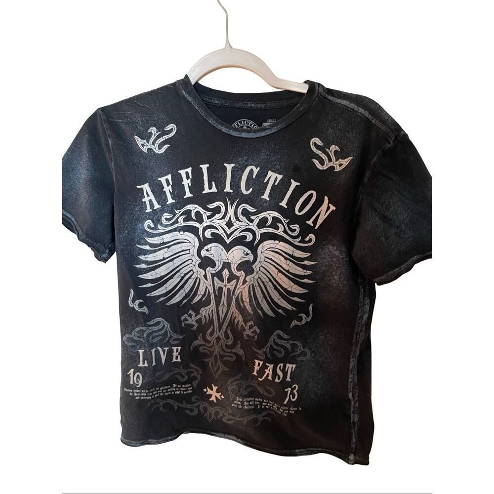 Affliction Mens Black Gray 1973 Live Fast Tribal Print Faded T-Shirt Size Small